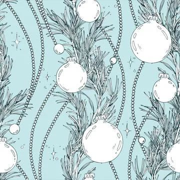 A seamless pattern with pine branches, baubles, and beads. A hand-drawn Stock Illustration