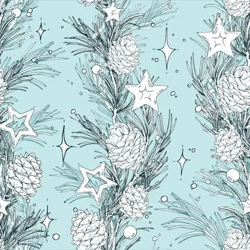 A seamless pattern with pine branches, cones, and twinkling stars. A hand-drawn Illustrazione stock
