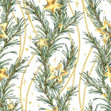 A seamless pattern with pine branches, gold stars, glitter, and beads in Stock Illustration