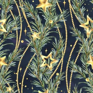 A seamless pattern with pine branches, gold stars, and beads. Vertical garlands Stock Illustration