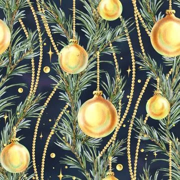 Seamless pattern with pine branches, golden baubles, and beads. Vertical Stock Illustration