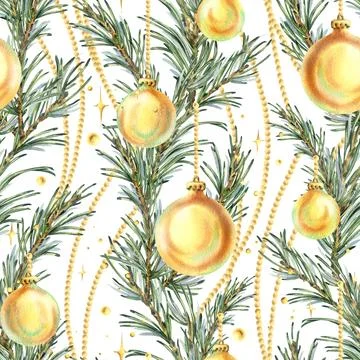 Seamless pattern with pine branches, golden baubles, and beads. Vertical Stock Illustration