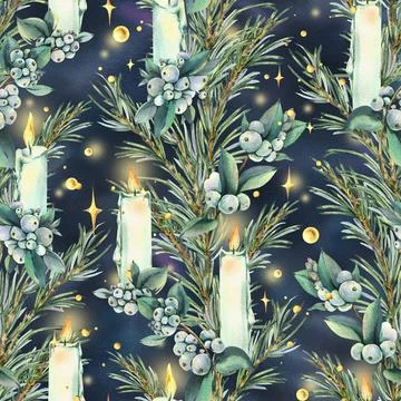 A seamless pattern with pine branches, snowberries, burning candles, and a Stock Illustration