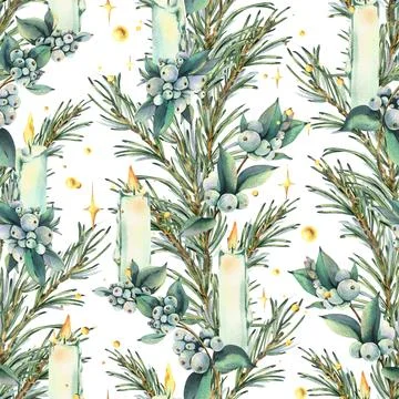A seamless pattern with pine branches, snowberries, burning candles, and golden Illustrazione stock