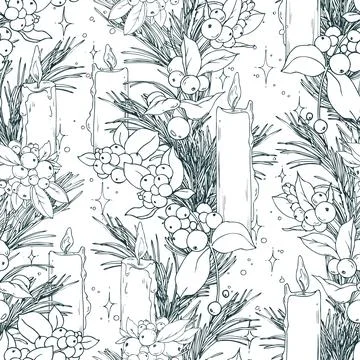 A seamless pattern of pine branches with snowberries and flickering candles Stock Illustration