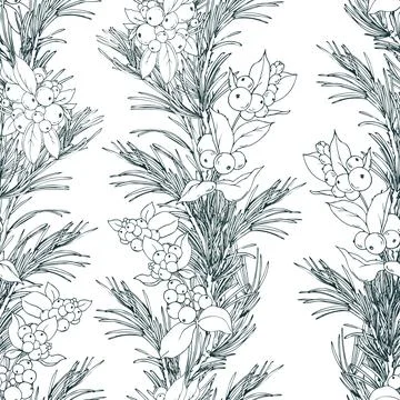 A seamless pattern of pine branches with snowberries and floral garlands. This Stock Illustration