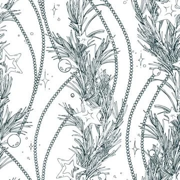 A seamless pattern of pine branches with stars and beaded floral garlands. This Stock Illustration