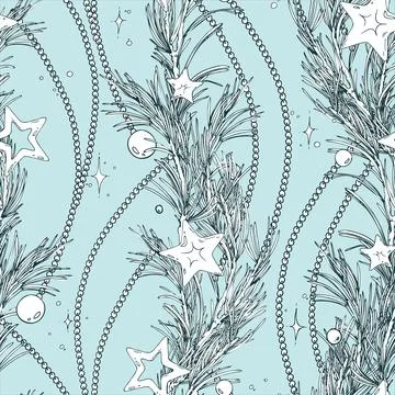A seamless pattern with pine branches, stars, and beads. A hand-drawn monochrome Stock Illustration