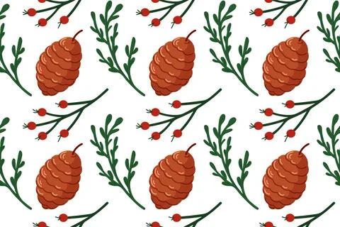 Seamless pattern with pine cone and green twig in cartoon style on white Stock Illustration