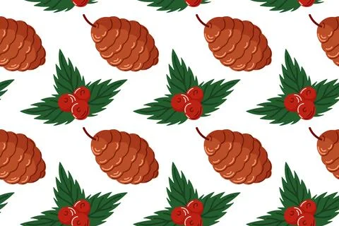 Seamless pattern with pine cone, holly leaves and red berries in cartoon style Stock Illustration