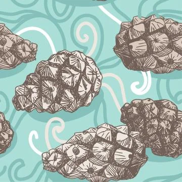 Seamless pattern with pine cones and frosty patterns. brown and blue. sketch. Stock Illustration