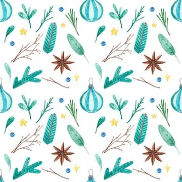 Seamless pattern with pine cones and branches. Hand painted illustration Stock Illustration