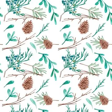 Seamless pattern with pine cones and branches. Hand painted illustration Stock Illustration