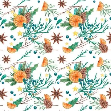 Seamless pattern with pine cones and branches. Hand painted illustration Stock Illustration