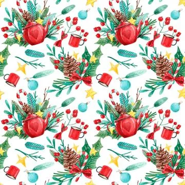 Seamless pattern with pine cones and branches. Hand painted illustration Stock Illustration