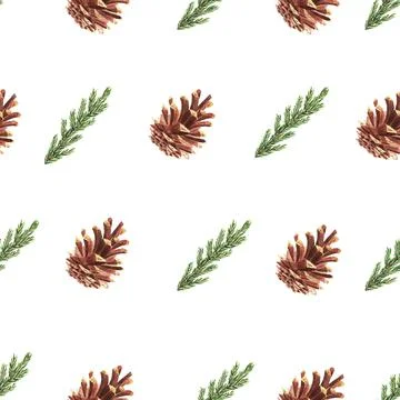 Seamless pattern with pine cones and pine branches. Hand drawn watercolor Stock Illustration