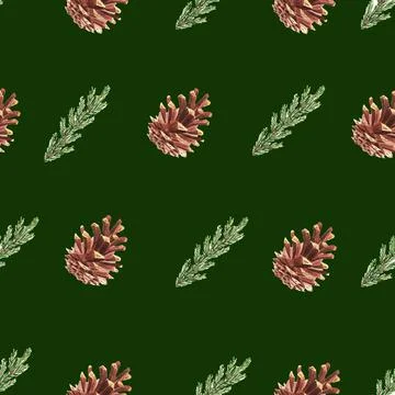 Seamless pattern with pine cones and pine branches. Hand drawn watercolor Stock Illustration