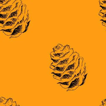 Seamless pattern of pine cones black illustration different sizes on orange Stock Illustration