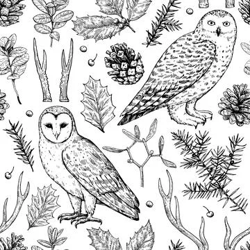 Seamless pattern with pine cones, juniper, owls and antlers. Magic forest C.. Stock Illustration