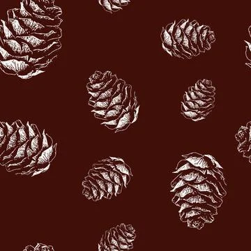 Seamless pattern of pine cones white illustration different sizes on dark red Stock Illustration