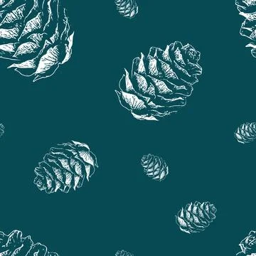 Seamless pattern of pine cones white illustration different sizes on wblue Stock Illustration