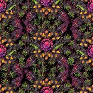 Seamless pattern of pine fir branches of Christmas tree with cones and flower Stock Illustration