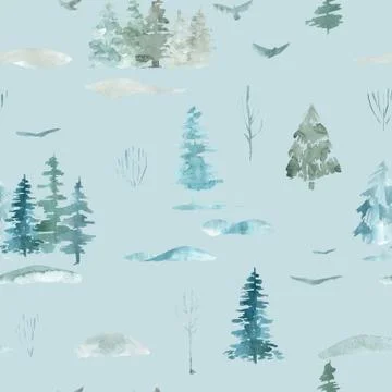 Seamless pattern of pine trees Christmas winter forest on a blue background Stock Illustration