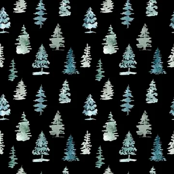 Seamless pattern of pine trees Christmas winter forest on a black background Stock Illustration