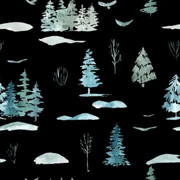 Seamless pattern of pine trees Christmas winter forest on a black background Stock Illustration