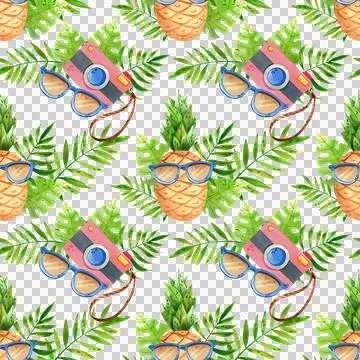Seamless pattern with a pineapple, camera, sunglasses, and tropical plants. Stockillustratie