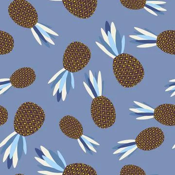 Seamless pattern with pineapple. Cartoon tropical colorful fruits on blue Stock Illustration