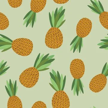 Seamless pattern with pineapple. Cartoon tropical colorful fruits on green Stock Illustration