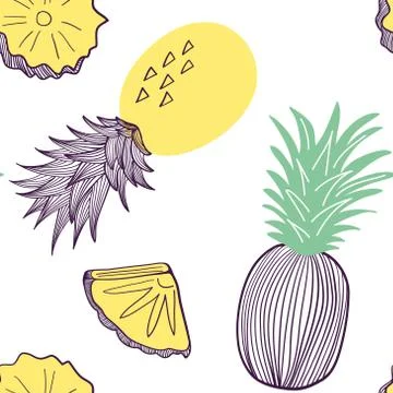 Seamless pattern of pineapple. Fruit and slice of exitix tropical. Vector han Stock Illustration