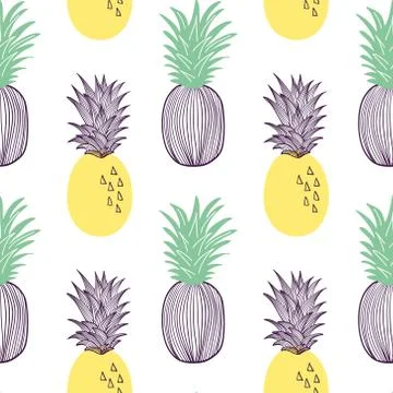 Seamless pattern of pineapple. Fruit and slice of exitix tropical. Vector han Stock Illustration