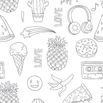 Seamless pattern with pineapple, ice cream, donut, headphones and other items Stock Illustration