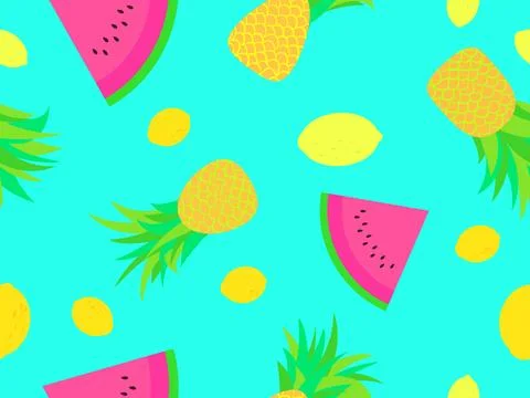 Seamless pattern with pineapple, lemon and watermelon in a minimalist style.. Stock Illustration