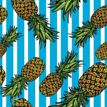 Seamless pattern with pineapples and blue stripes. Illustrazione stock