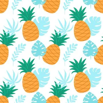 Seamless pattern of pineapples and blue palm leaves. Stock Illustration