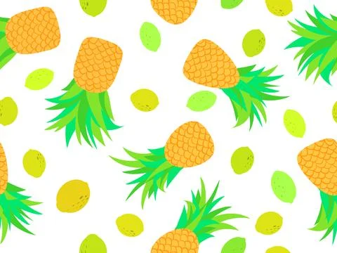 Seamless pattern with pineapples and lemons on a white background. Summer f.. Illustrazione stock