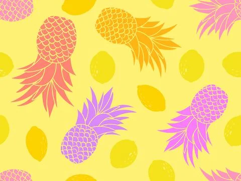 Seamless pattern with pineapples and lemons on yellow background. Fruit mix.. Stock Illustration