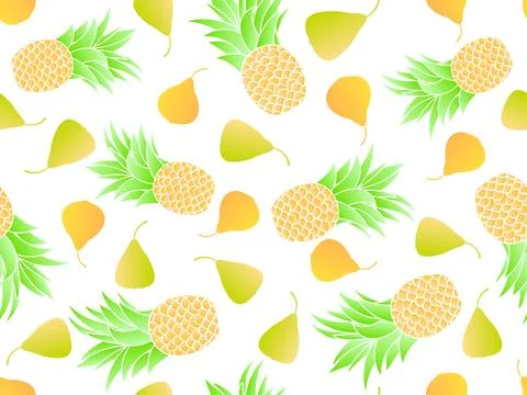 Seamless pattern with pineapples and pears, gradient colors. Summer fruit m.. Stock Illustration