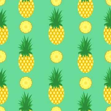 Seamless pattern with pineapples and pineapple slices on mint green backgroun Stock Illustration
