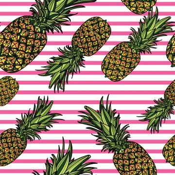 Seamless pattern with pineapples and pink stripes. Illustrazione stock