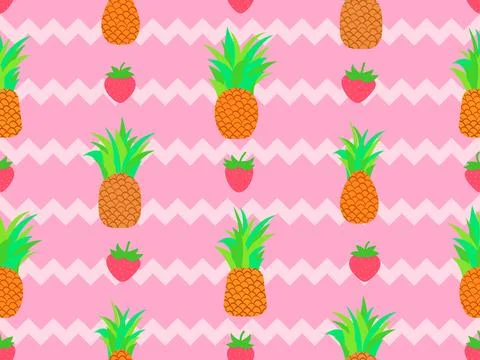 Seamless pattern with pineapples and strawberries on a striped background. .. Stock Illustration