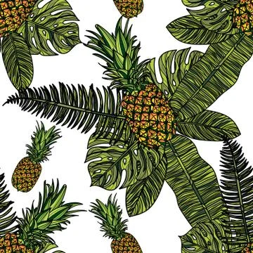 Seamless pattern with pineapples and tropical leaves. Stock Illustration