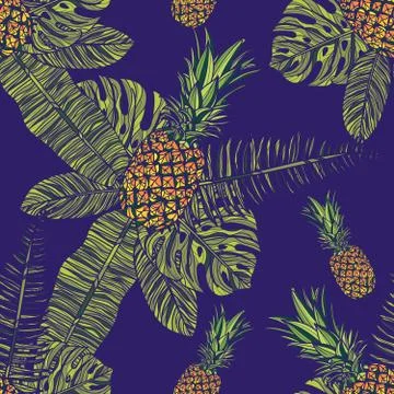Seamless pattern with pineapples and tropical leaves. Stock Illustration