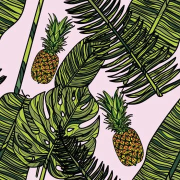 Seamless pattern with pineapples and tropical leaves. Stock Illustration