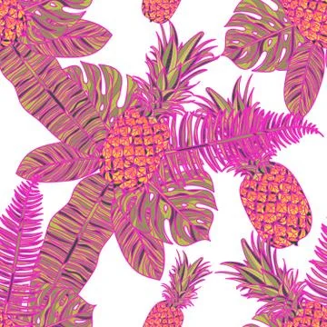 Seamless pattern with pineapples and tropical leaves. Stock Illustration