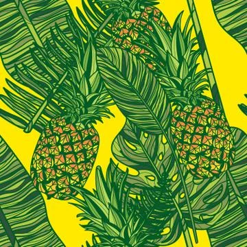 Seamless pattern with pineapples and tropical leaves. Stock Illustration