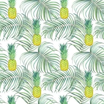 Seamless pattern with pineapples and tropical branches. Watercolor illustrati Stock Illustration